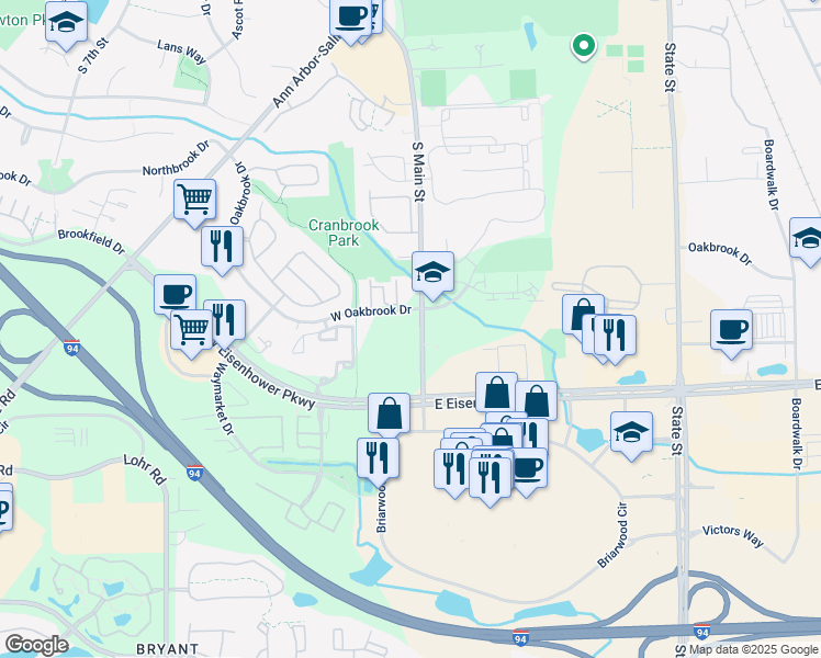 map of restaurants, bars, coffee shops, grocery stores, and more near 2830 South Main Street in Ann Arbor