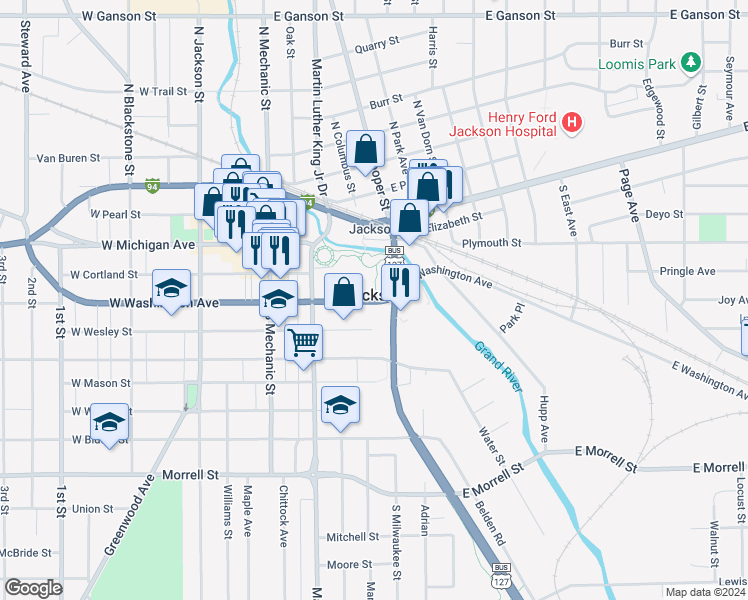 map of restaurants, bars, coffee shops, grocery stores, and more near 2330 East High Street in Jackson