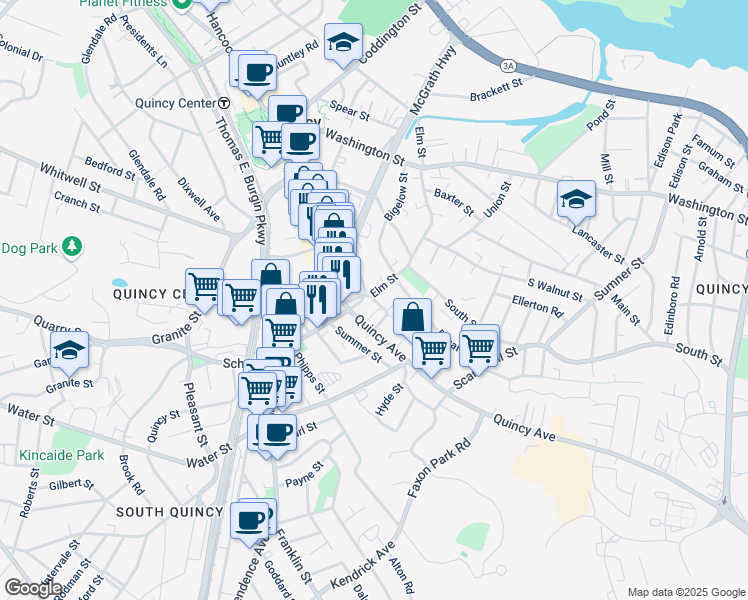 map of restaurants, bars, coffee shops, grocery stores, and more near 25 Elm Street in Quincy