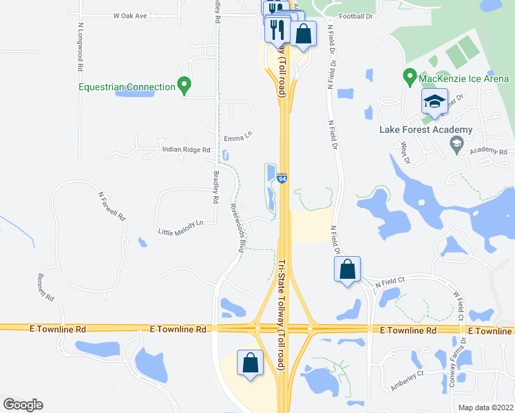 map of restaurants, bars, coffee shops, grocery stores, and more near 26525 North Riverwoods Boulevard in Mettawa