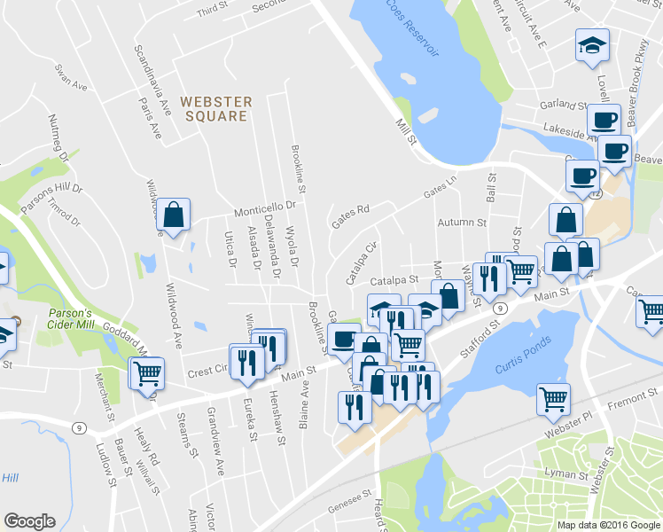 map of restaurants, bars, coffee shops, grocery stores, and more near 55 Gates Lane in Worcester