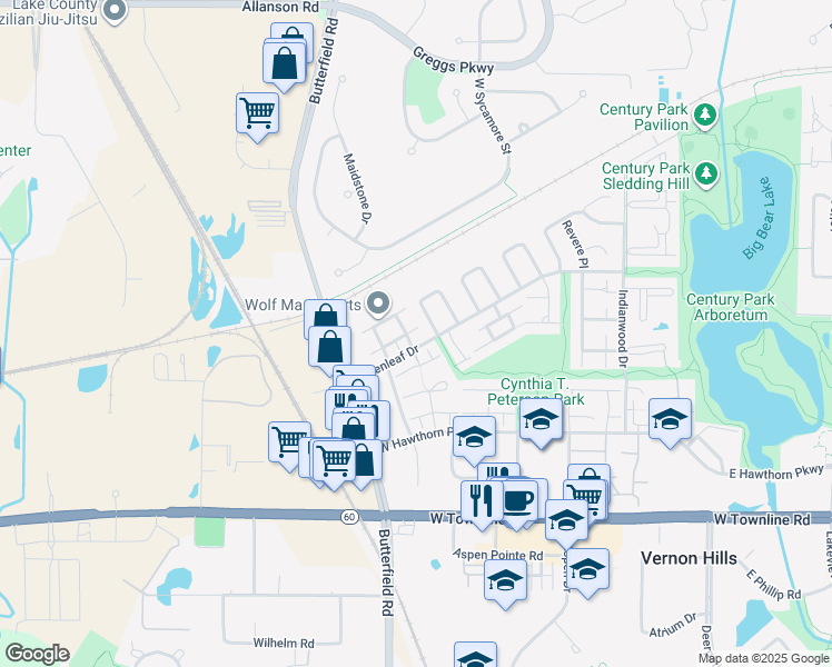 map of restaurants, bars, coffee shops, grocery stores, and more near 405 Stevenson Place in Vernon Hills