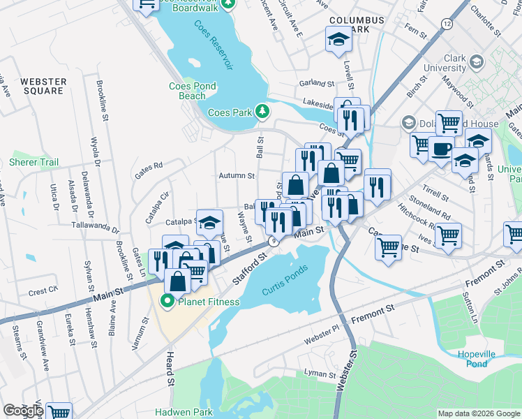 map of restaurants, bars, coffee shops, grocery stores, and more near 7 Baker Street in Worcester