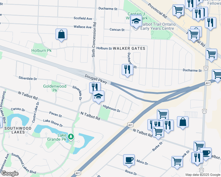 map of restaurants, bars, coffee shops, grocery stores, and more near 1220 Settlers Street in Windsor