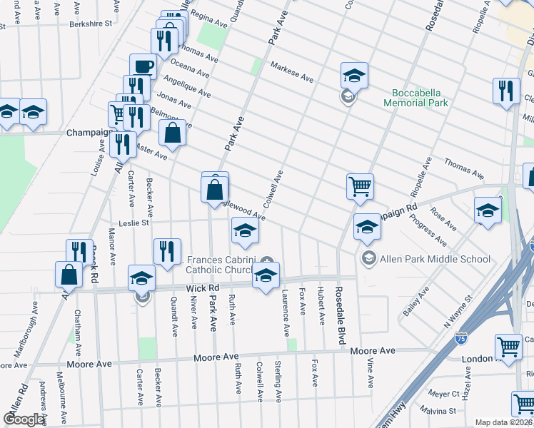 map of restaurants, bars, coffee shops, grocery stores, and more near 15101 Aster Avenue in Allen Park