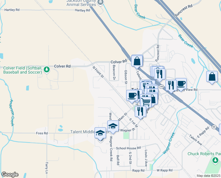 map of restaurants, bars, coffee shops, grocery stores, and more near 129 North Front Street in Talent