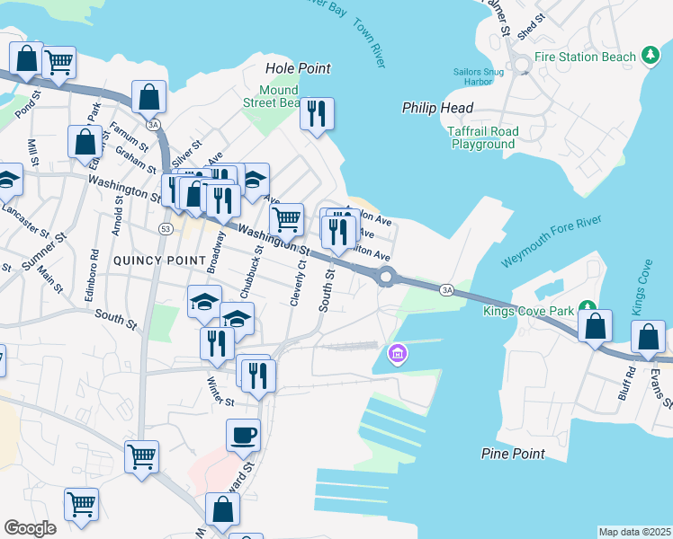 map of restaurants, bars, coffee shops, grocery stores, and more near 664-670 Washington Street in Quincy