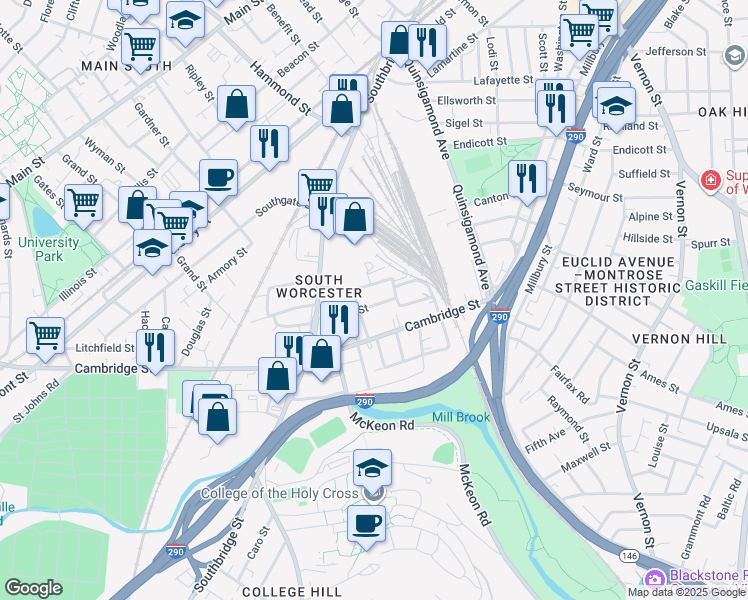 map of restaurants, bars, coffee shops, grocery stores, and more near 27 Colton Street in Worcester