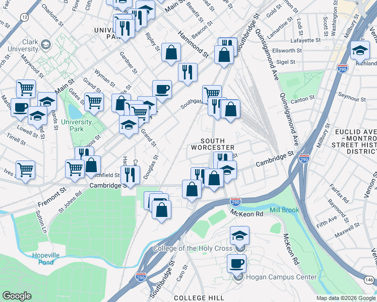 map of restaurants, bars, coffee shops, grocery stores, and more near 36 Lewis Street in Worcester