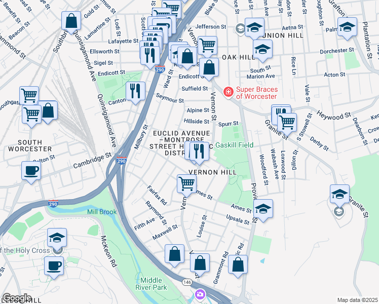 map of restaurants, bars, coffee shops, grocery stores, and more near 9 Euclid Avenue in Worcester