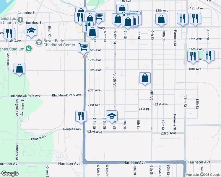 map of restaurants, bars, coffee shops, grocery stores, and more near 918 20th Avenue in Rockford