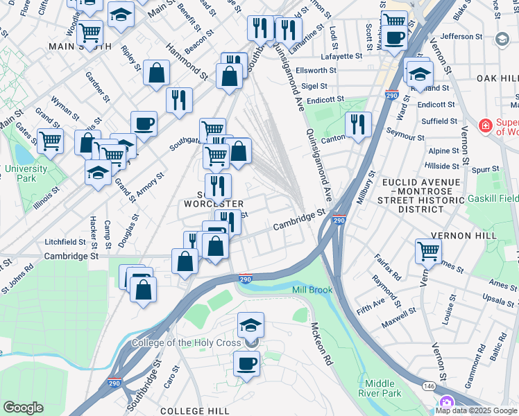 map of restaurants, bars, coffee shops, grocery stores, and more near 33 Colton Street in Worcester
