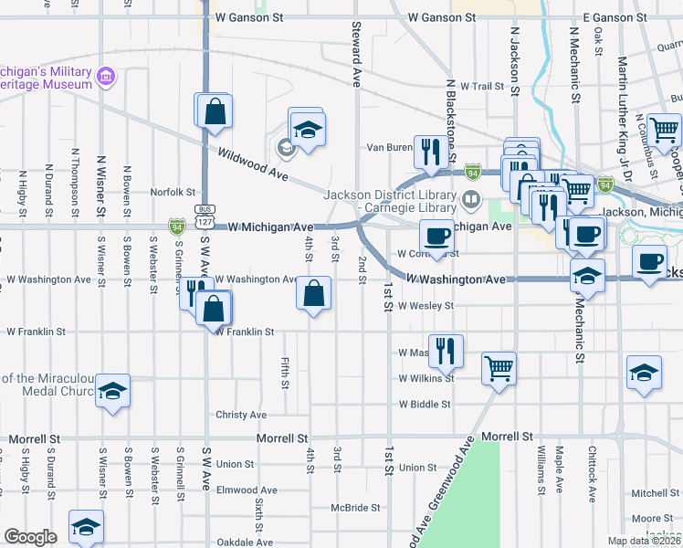 map of restaurants, bars, coffee shops, grocery stores, and more near 217 3rd Street in Jackson