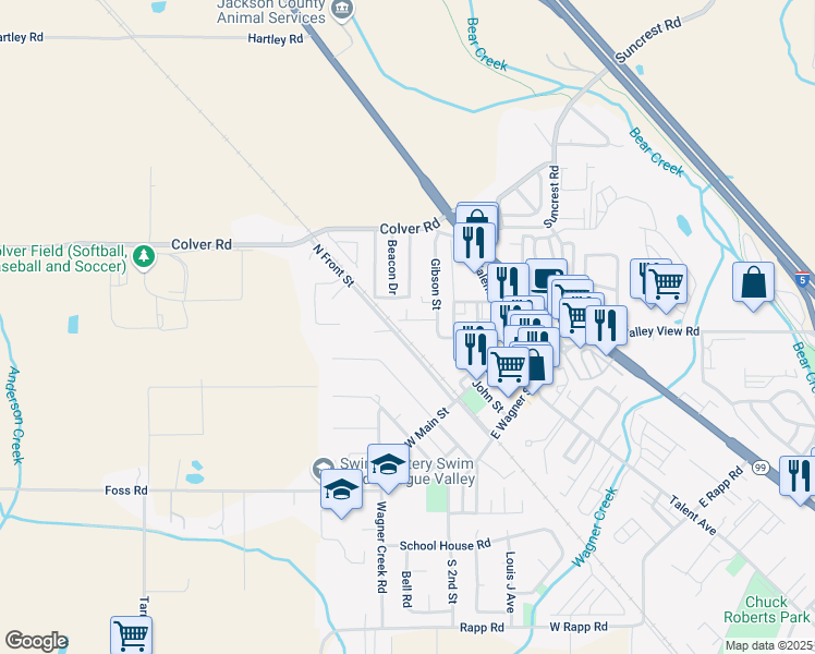 map of restaurants, bars, coffee shops, grocery stores, and more near 107 Fairview Street in Talent