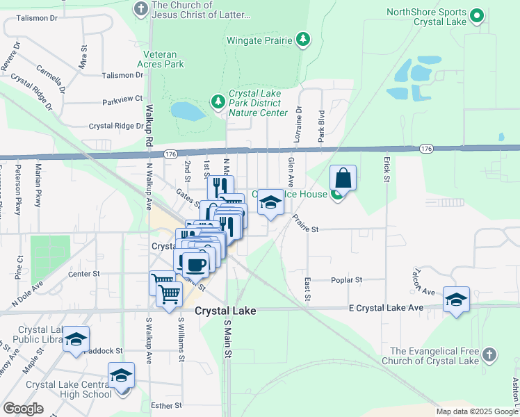 map of restaurants, bars, coffee shops, grocery stores, and more near 178 Prairie Street in Crystal Lake