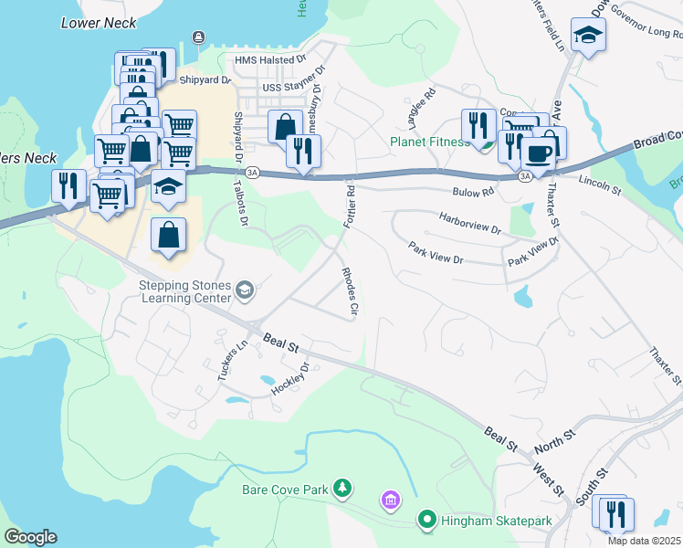 map of restaurants, bars, coffee shops, grocery stores, and more near 12 Rhodes Circle in Hingham