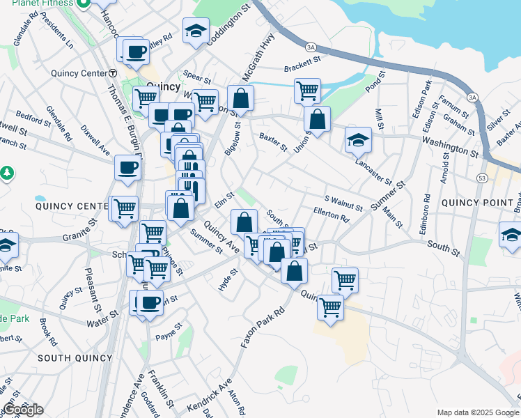 map of restaurants, bars, coffee shops, grocery stores, and more near 33 South Street in Quincy