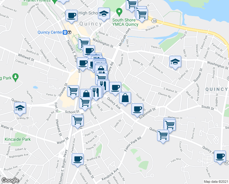 map of restaurants, bars, coffee shops, grocery stores, and more near 1630-1642 Hancock Street in Quincy