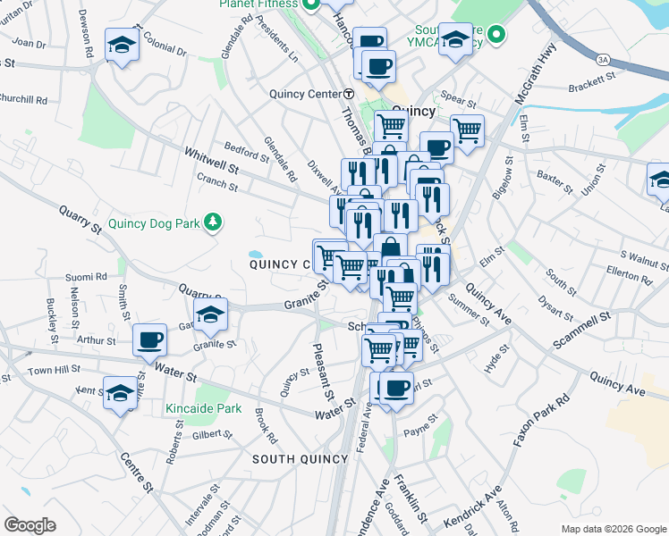 map of restaurants, bars, coffee shops, grocery stores, and more near in Quincy