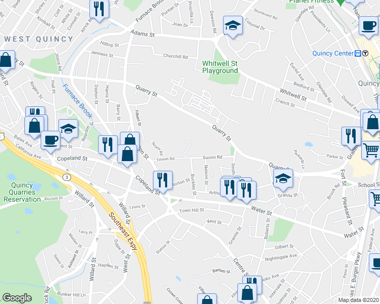 map of restaurants, bars, coffee shops, grocery stores, and more near 105 Suomi Road in Quincy