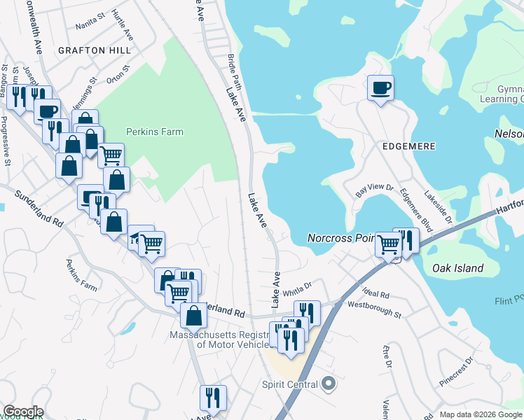 map of restaurants, bars, coffee shops, grocery stores, and more near 467 Lake Avenue in Worcester