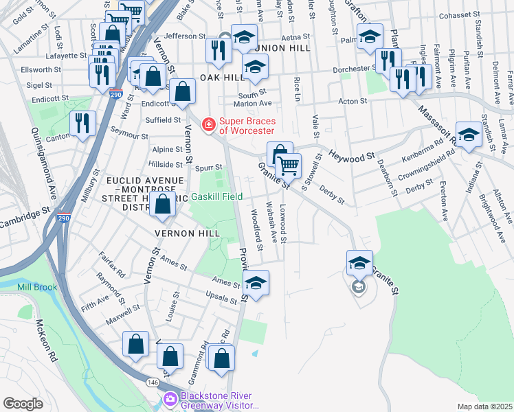 map of restaurants, bars, coffee shops, grocery stores, and more near 17 Wabash Avenue in Worcester
