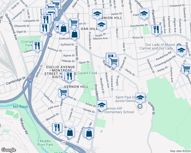 map of restaurants, bars, coffee shops, grocery stores, and more near 141 Providence Street in Worcester