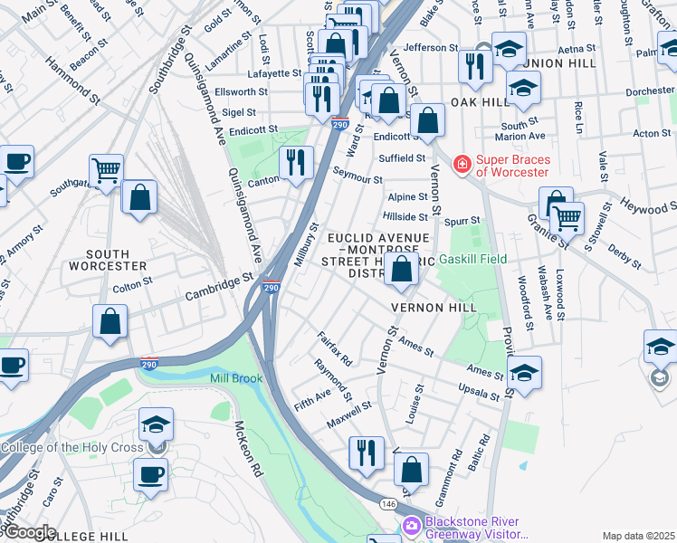 map of restaurants, bars, coffee shops, grocery stores, and more near 123 Perry Avenue in Worcester