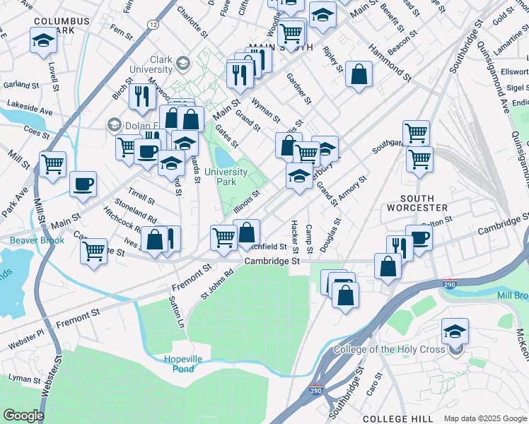 map of restaurants, bars, coffee shops, grocery stores, and more near 55 Illinois Street in Worcester