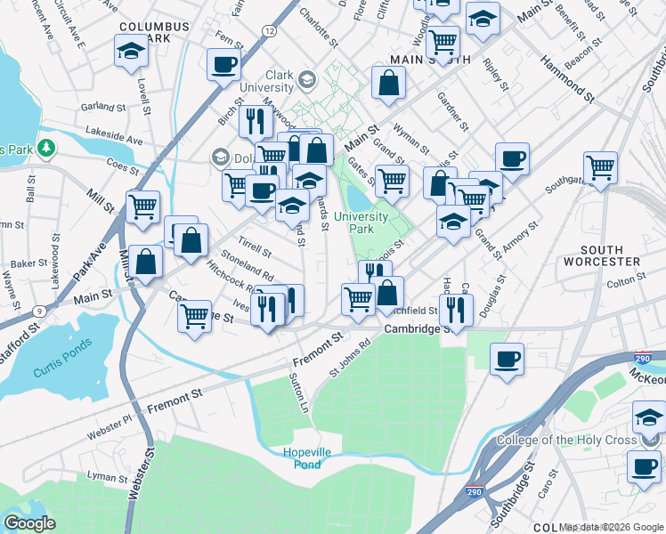 map of restaurants, bars, coffee shops, grocery stores, and more near 33 Richards Street in Worcester
