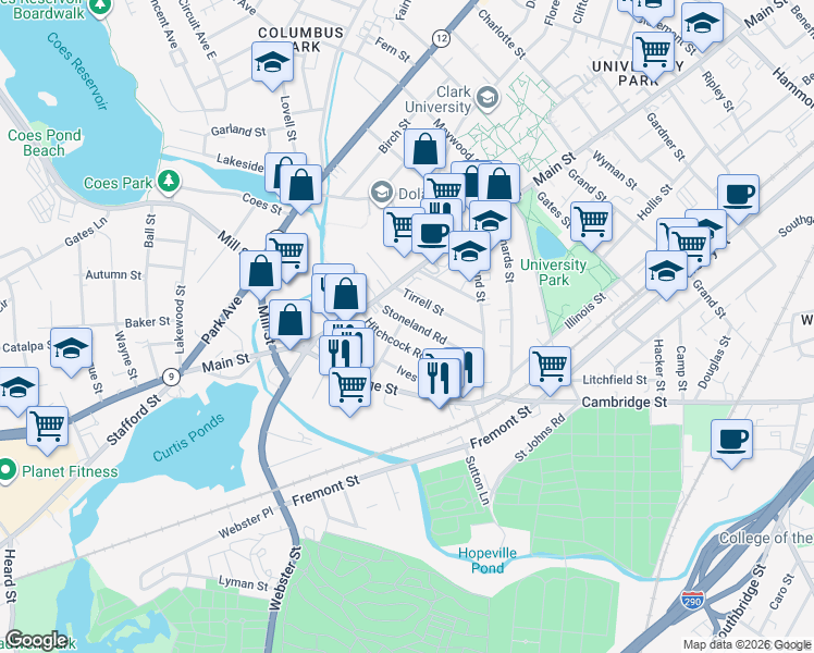 map of restaurants, bars, coffee shops, grocery stores, and more near 13 Stoneland Road in Worcester