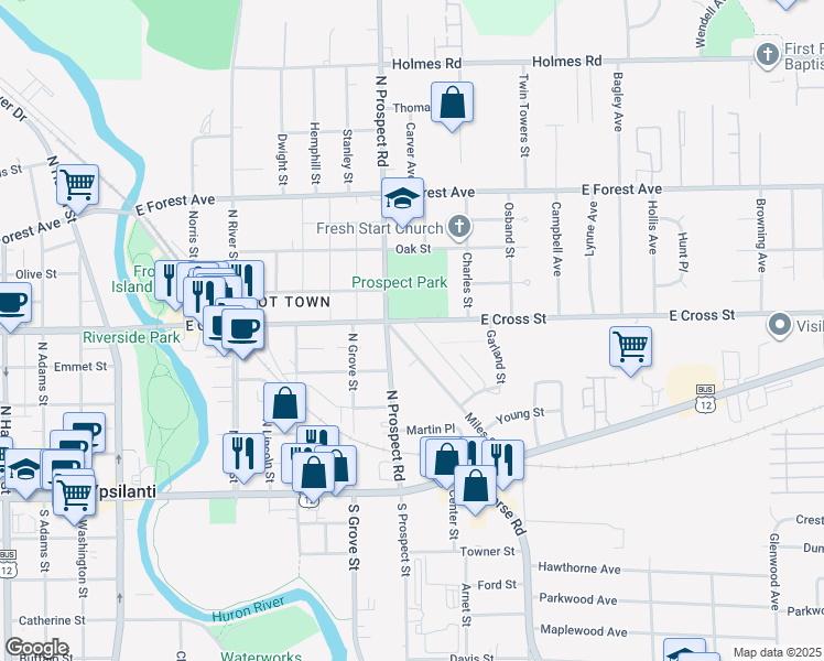 map of restaurants, bars, coffee shops, grocery stores, and more near 516 East Cross Street in Ypsilanti