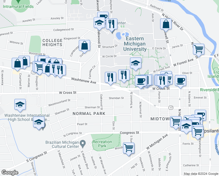 map of restaurants, bars, coffee shops, grocery stores, and more near 957 Washtenaw Avenue in Ypsilanti