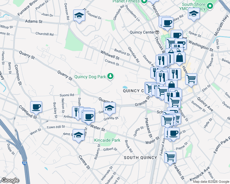 map of restaurants, bars, coffee shops, grocery stores, and more near 52 Packards Lane in Quincy