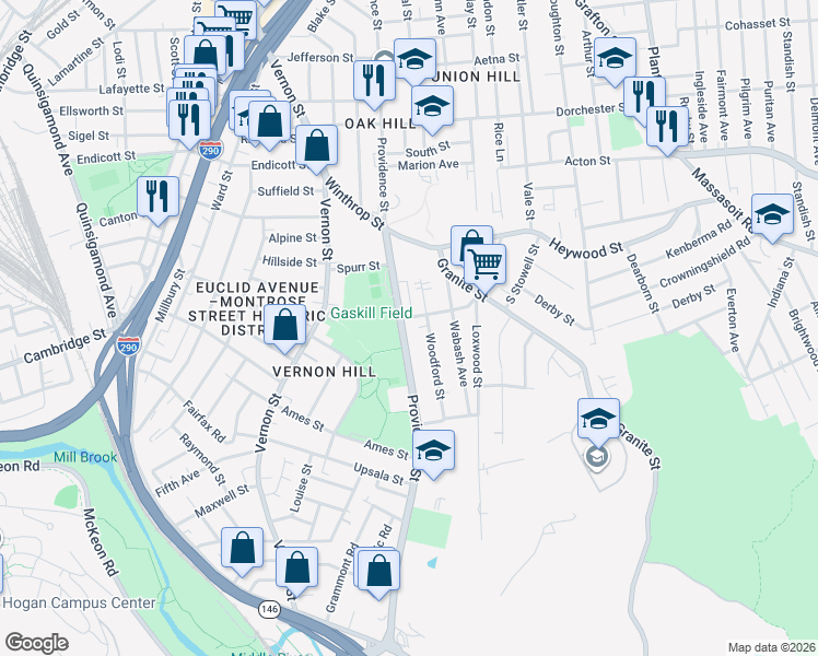 map of restaurants, bars, coffee shops, grocery stores, and more near 141 Providence Street in Worcester