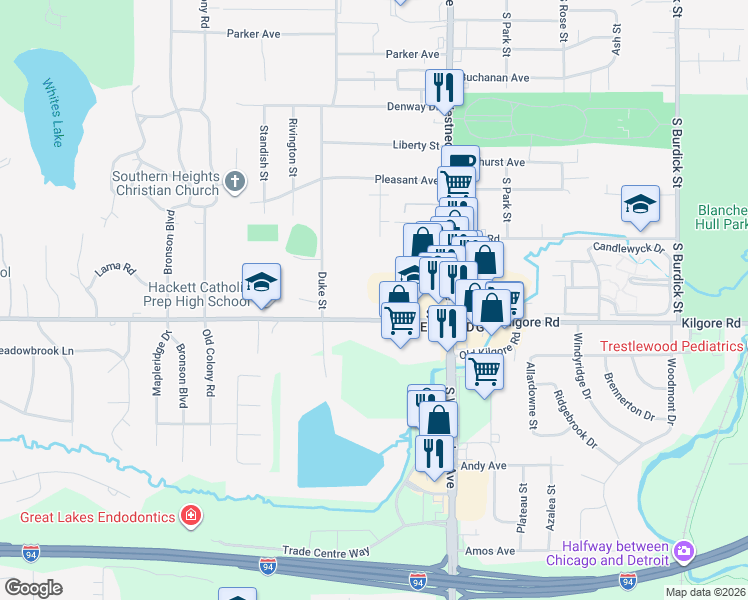 map of restaurants, bars, coffee shops, grocery stores, and more near 734 West Kilgore Road in Portage