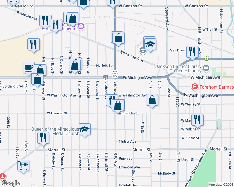 map of restaurants, bars, coffee shops, grocery stores, and more near 211 South West Avenue in Jackson