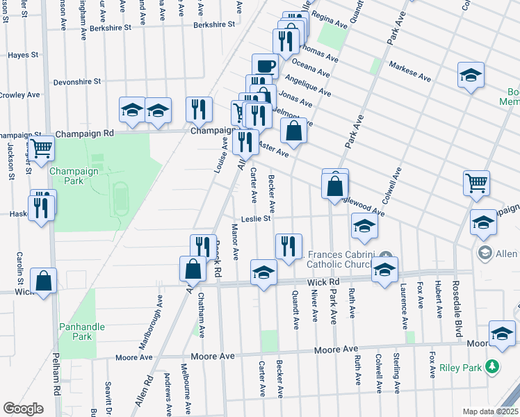 map of restaurants, bars, coffee shops, grocery stores, and more near 638 Carter Avenue in Allen Park