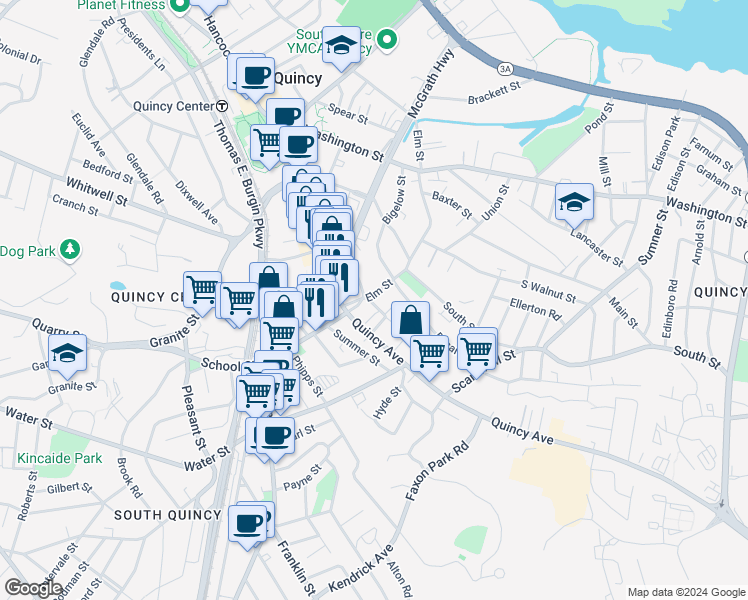 map of restaurants, bars, coffee shops, grocery stores, and more near 25 Elm Street in Quincy
