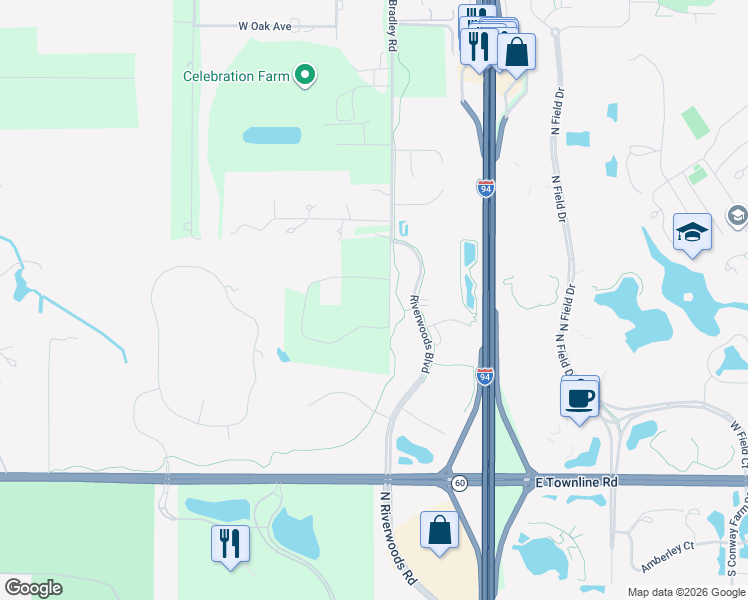 map of restaurants, bars, coffee shops, grocery stores, and more near 26390 Bradley Road in Lake Forest
