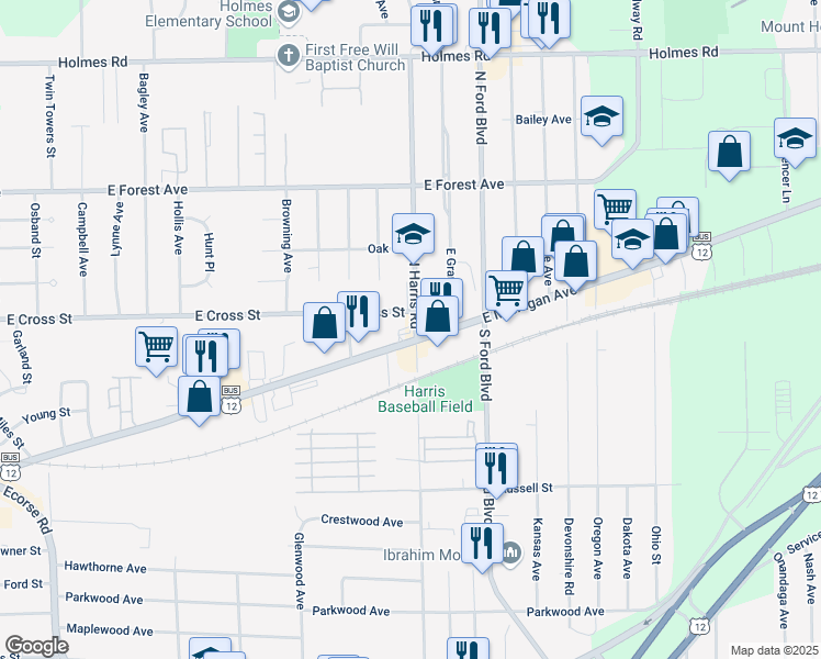 map of restaurants, bars, coffee shops, grocery stores, and more near 15 North Harris Road in Ypsilanti