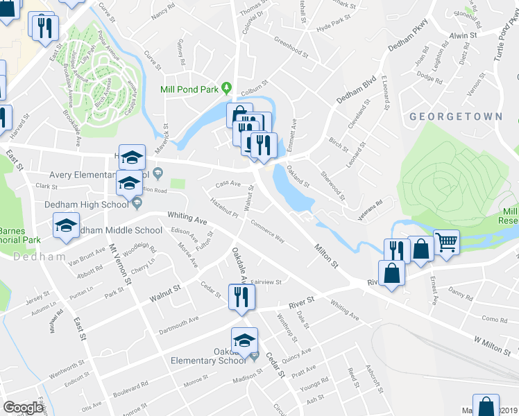 map of restaurants, bars, coffee shops, grocery stores, and more near 27 Myrtle Street in Dedham