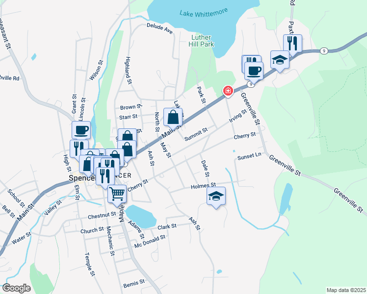 map of restaurants, bars, coffee shops, grocery stores, and more near 15 Irving Street in Spencer