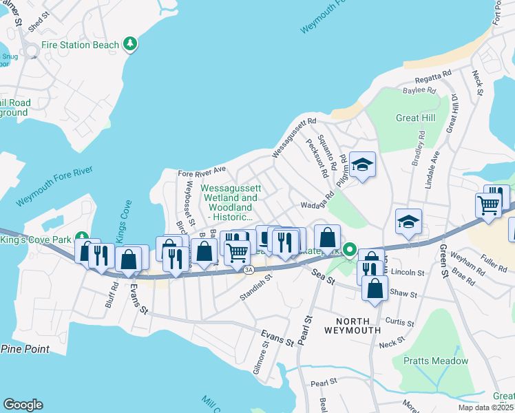 map of restaurants, bars, coffee shops, grocery stores, and more near 189 Sea Street in Weymouth
