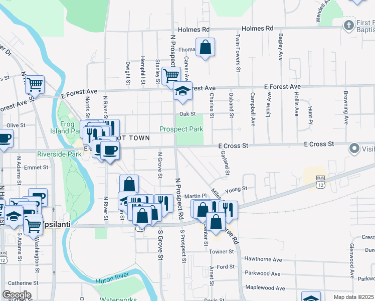 map of restaurants, bars, coffee shops, grocery stores, and more near 516 East Cross Street in Ypsilanti