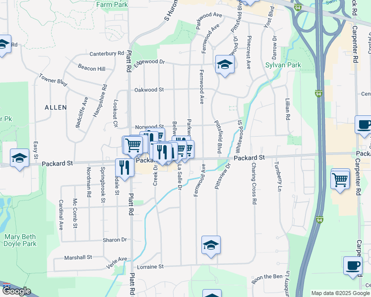 map of restaurants, bars, coffee shops, grocery stores, and more near 2890 Parkwood Avenue in Ann Arbor