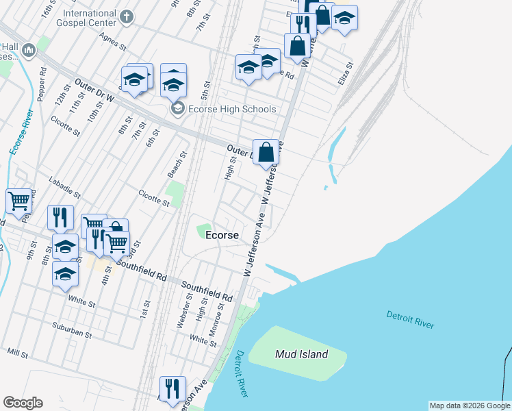 map of restaurants, bars, coffee shops, grocery stores, and more near 4284 West Jefferson Avenue in Ecorse
