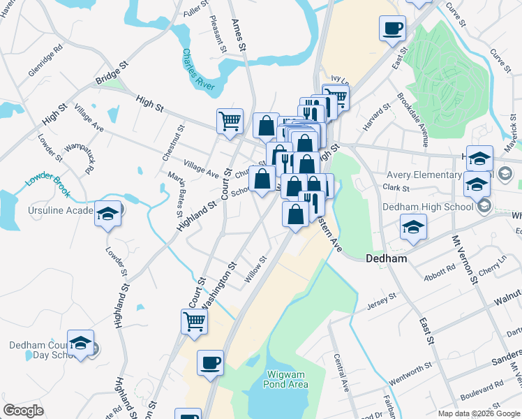 map of restaurants, bars, coffee shops, grocery stores, and more near in Dedham