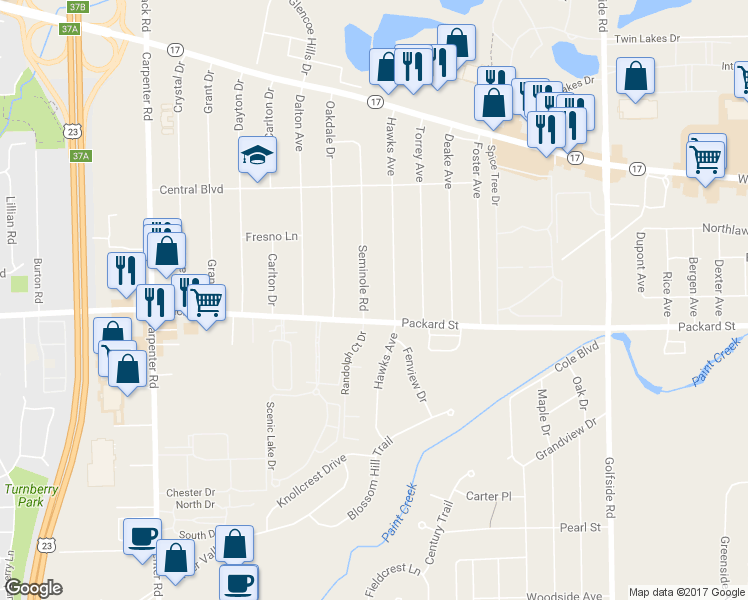 map of restaurants, bars, coffee shops, grocery stores, and more near 2933 Seminole Court in Ann Arbor