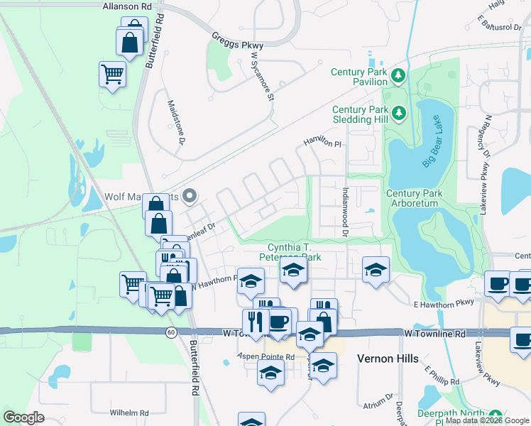 map of restaurants, bars, coffee shops, grocery stores, and more near 366 Greenleaf Drive in Vernon Hills